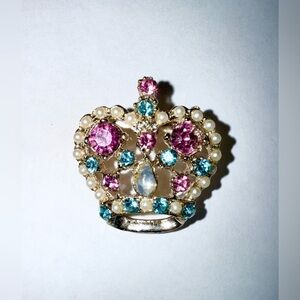 Gold-Tone Crown Brooch Pin Pink & Teal Pearls
